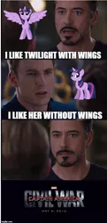 Size: 502x1040 | Tagged: alicorn, captain america, captain america: civil war, derpibooru import, iron man, safe, tony stark, twilight sparkle, twilight sparkle (alicorn), wings