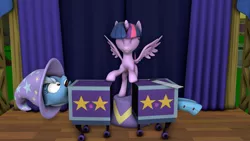 Size: 1920x1080 | Tagged: safe, artist:dracagon, derpibooru import, trixie, twilight sparkle, twilight sparkle (alicorn), alicorn, pony, 3d, box, box sawing trick, half, magic trick, modular, saw