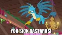 Size: 600x337 | Tagged: safe, derpibooru import, edit, edited screencap, screencap, gallus, gryphon, the hearth's warming club, caption, flying, image macro, male, meme, pointing, reaction image, solo, spread wings, text, vulgar, wings