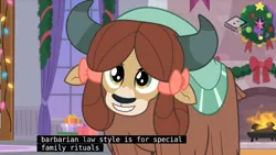 Size: 1463x823 | Tagged: barbarian, boomerang (tv channel), caption, cute, derpibooru import, edit, edited screencap, fire, meme, safe, screencap, the hearth's warming club, yona, yonadorable, youtube caption