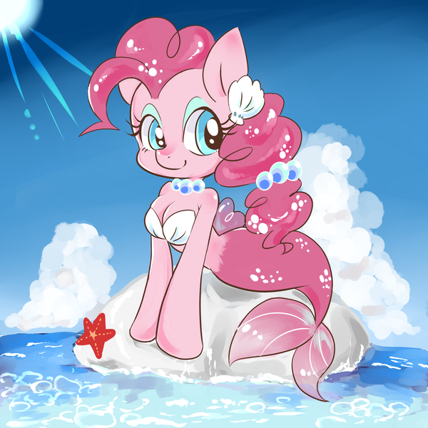 Size: 2000x2000 | Tagged: artist:grimbloody, breasts, cloud, derpibooru import, female, misplaced boobs, pinkie pie, safe, scenery, seaponified, seapony (g4), seapony pinkie pie, sky, solo, species swap, water