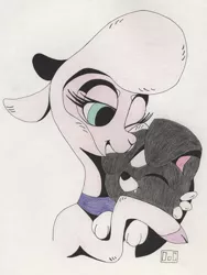 Size: 2350x3118 | Tagged: artist:ogaraorcynder, bust, colored pencil drawing, community related, derpibooru import, dog, female, hug, lamb, one eye closed, oven hooves, pom lamb, safe, sheep, simple background, smiling, them's fightin' herds, traditional art, white background