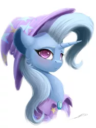 Size: 1950x2600 | Tagged: safe, artist:skitsniga, derpibooru import, trixie, pony, unicorn, bust, cape, clothes, female, hat, mare, simple background, solo, trixie's cape, trixie's hat, white background