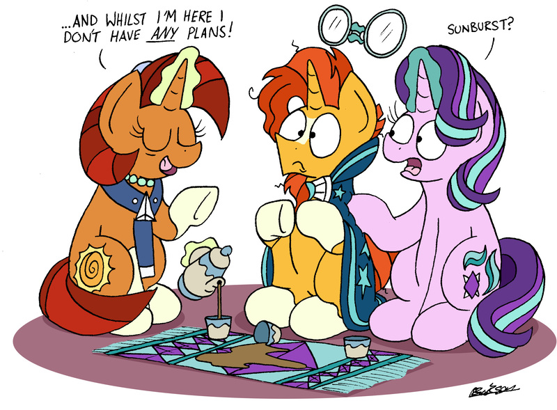 Size: 2333x1717 | Tagged: safe, artist:bobthedalek, derpibooru import, starlight glimmer, stellar flare, sunburst, pony, unicorn, atg 2018, blaze (coat marking), cape, carpet, clothes, cup, eyes closed, female, food, magic, male, mare, mother and child, mother and son, newbie artist training grounds, oh no, out of character, shocked, simple background, socks (coat marking), spill, stallion, tea, teacup, teapot, telekinesis, trio, unbelievable, white background