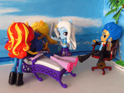 Size: 680x510 | Tagged: safe, artist:whatthehell!?, derpibooru import, applejack, flash sentry, sci-twi, sunset shimmer, trixie, twilight sparkle, equestria girls, equestria girls series, animated, beach, boots, chair, clothes, doll, equestria girls minis, eqventures of the minis, family guy, punishment, shoes, spanking, swimsuit, toy, tuxedo