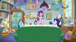 Size: 1024x576 | Tagged: safe, derpibooru import, screencap, rainbow dash, rarity, starlight glimmer, pony, unicorn, the end in friend, boomerang (tv channel), couch, female, mare, starlight's office, trio