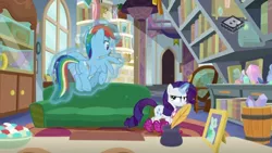 Size: 1024x576 | Tagged: safe, derpibooru import, screencap, rainbow dash, rarity, pegasus, pony, unicorn, the end in friend, boomerang (tv channel), boots, clothes, duo, female, glitter boots, magic, mare, shoes, starlight's office, telekinesis