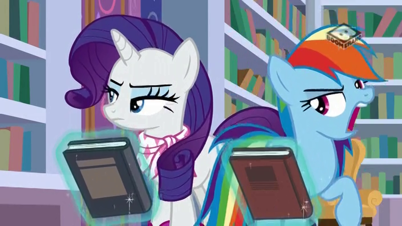 Size: 1024x576 | Tagged: safe, derpibooru import, screencap, rainbow dash, rarity, pony, unicorn, the end in friend, book, bookshelf, boomerang (tv channel), duo, female, magic, mare, rainbow dash is best facemaker, telekinesis