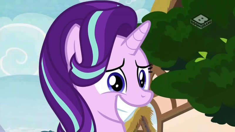 Size: 1024x576 | Tagged: safe, derpibooru import, screencap, starlight glimmer, pony, unicorn, the end in friend, boomerang (tv channel), bust, female, grin, mare, nervous, portrait, smiling, solo