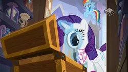 Size: 1024x576 | Tagged: safe, derpibooru import, screencap, rainbow dash, rarity, pegasus, pony, unicorn, the end in friend, boomerang (tv channel), chest, duo, female, flying, magnifying glass, mare, neckerchief