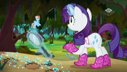 Size: 1024x576 | Tagged: safe, derpibooru import, screencap, rainbow dash, rarity, pegasus, pony, unicorn, the end in friend, azurantium, bandana, boomerang (tv channel), boots, clothes, duo, female, froggy bottom bog, glitter boots, magic, magnifying glass, mare, shoes, sparkles, swamp, telekinesis