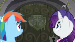 Size: 1024x576 | Tagged: safe, derpibooru import, screencap, rainbow dash, rarity, pony, the end in friend, boomerang (tv channel), door, duo, female, looking up, mare