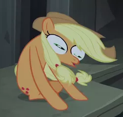 Size: 408x388 | Tagged: safe, derpibooru import, screencap, applejack, earth pony, pony, castle mane-ia, applejack's hat, cowboy hat, cropped, excuse me what the fuck, faic, female, freeze frame, great moments in animation, hat, hypnotoad, mare, not salmon, reaction image, silly, silly pony, smear frame, solo, wat, who's a silly pony