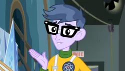 Size: 1280x720 | Tagged: safe, derpibooru import, screencap, microchips, all the world's off stage, equestria girls, equestria girls series, all the world's off stage: micro chips, glasses, male, smiling