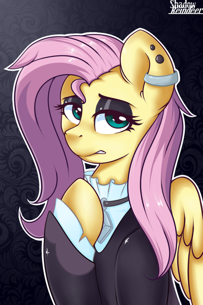 Size: 1181x1772 | Tagged: safe, artist:shadowreindeer, derpibooru import, fluttershy, pegasus, pony, fake it 'til you make it, clothes, ear piercing, earring, eyeshadow, female, fluttergoth, jewelry, makeup, mare, piercing, remake, solo