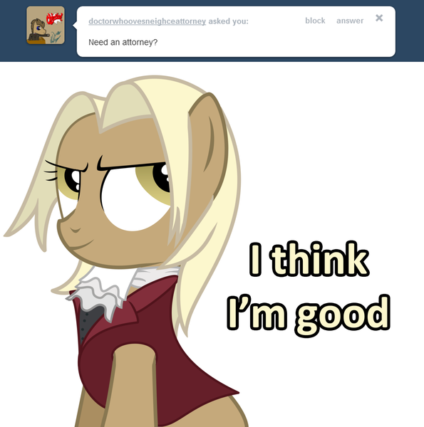 Size: 1280x1291 | Tagged: safe, artist:sintakhra, derpibooru import, mjölna, earth pony, pony, ask sandy pony, ace attorney, ask, clothes, cosplay, costume, female, mare, miles edgeworth, phoenix wright, solo, tumblr