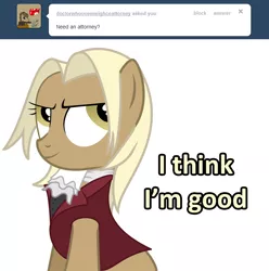 Size: 1280x1291 | Tagged: safe, artist:sintakhra, derpibooru import, mjölna, earth pony, pony, ask sandy pony, ace attorney, ask, clothes, cosplay, costume, female, mare, miles edgeworth, phoenix wright, solo, tumblr