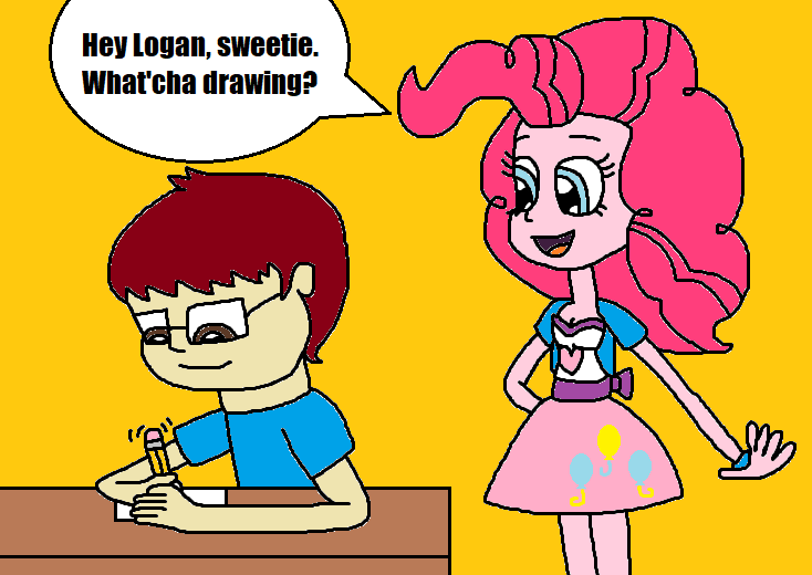 Size: 734x520 | Tagged: safe, artist:logan jones, derpibooru import, pinkie pie, oc, oc:logan berry, human, equestria girls, clothes, desk, drawing, female, hey andy sweetie!, loganpie, male, map, parody, pencil, straight