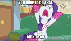 Size: 873x500 | Tagged: safe, derpibooru import, edit, edited screencap, screencap, rarity, pony, unicorn, the end in friend, boomerang (tv channel), boots, clothes, female, glitter boots, mare, neckerchief, open mouth, shoes, text, volumetric mouth