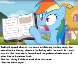 Size: 1046x871 | Tagged: bible, book, boomerang (tv channel), creationism, derpibooru import, edit, ponestrip, rainbow dash, safe, screencap, the end in friend