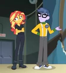 Size: 554x619 | Tagged: safe, derpibooru import, screencap, microchips, sunset shimmer, all the world's off stage, equestria girls, equestria girls series, all the world's off stage: micro chips, boots, clothes, converse, cropped, cyoa, female, glasses, male, pants, shoes, sneakers