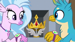 Size: 1920x1080 | Tagged: safe, derpibooru import, screencap, aurora (character), gallus, king grover, silverstream, yickslur, gryphon, hippogriff, a matter of principals, amulet, amulet of aurora, animated, bust, checkmate, crown, crown of grover, helm of yickslur, helmet, jewelry, painting, portrait, regalia, shipping fuel, sound, webm, wings