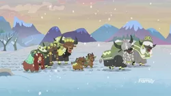 Size: 1920x1080 | Tagged: calf, cloven hooves, derpibooru import, female, horn, horn ring, male, mountain, mountain range, ring, safe, screencap, snilldarfest, snow, the hearth's warming club, tree, winter, yak, yak calf, yona, yona's family, yona's mom