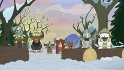 Size: 1920x1080 | Tagged: calf, cloven hooves, derpibooru import, female, horn, horn ring, log, male, mountain, mountain range, ring, safe, screencap, snilldarfest, snow, the hearth's warming club, tree, winter, yak, yak calf, yona, yona's family, yona's mom