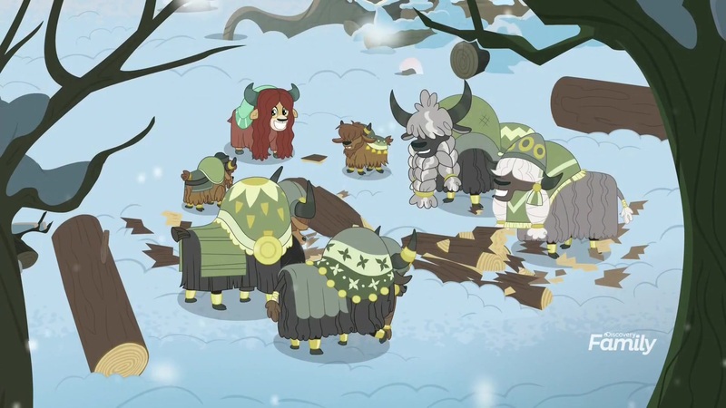 Size: 1920x1080 | Tagged: calf, cloven hooves, derpibooru import, female, grin, happy, horn, horn ring, log, male, ring, safe, screencap, smiling, snilldarfest, snow, the hearth's warming club, tree, winter, yak, yak calf, yona, yona's family, yona's mom