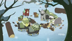 Size: 1920x1080 | Tagged: calf, cloven hooves, derpibooru import, female, grin, happy, horn, horn ring, log, male, ring, safe, screencap, smiling, snilldarfest, snow, the hearth's warming club, tree, winter, yak, yak calf, yona, yona's family, yona's mom