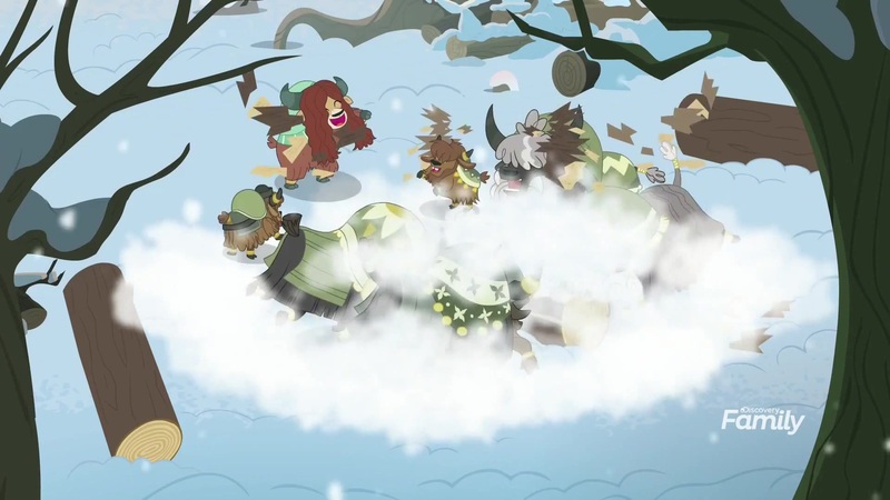 Size: 1920x1080 | Tagged: cloven hooves, derpibooru import, discovery family logo, female, log, male, safe, screencap, snilldarfest, snow, stomping, the hearth's warming club, yak, yak smash, yona, yona's family, yona's mom