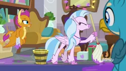 Size: 1920x1080 | Tagged: safe, derpibooru import, screencap, gallus, silverstream, smolder, classical hippogriff, dragon, gryphon, hippogriff, the hearth's warming club, bucket, dragoness, eyes closed, female, happy, mop