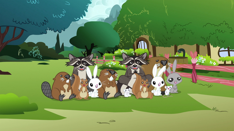 Size: 1920x1080 | Tagged: animal, audience, beaver, critters, derpibooru import, fence, fluttershy's cottage, magic duel, mouse, rabbit, raccoon, rodent, safe, screencap, squirrel