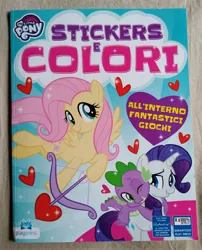 Size: 2902x3589 | Tagged: safe, derpibooru import, official, fluttershy, rarity, spike, arrow, bolt, bow (weapon), coloring book, cupid, female, fluttershipper, heart, hug, hug from behind, irl, italian, italian coloring book, italy, magazine, magazine cover, male, photo, shipper on deck, shipping, sparity, straight