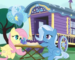 Size: 1280x1031 | Tagged: safe, artist:ask-ember-quill, derpibooru import, fluttershy, trixie, pegasus, pony, unicorn, balloon, cake, female, food, lesbian, shipping, trixie's wagon, trixieshy