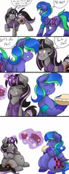 Size: 512x1280 | Tagged: suggestive, artist:mad'n evil, derpibooru import, oc, oc:felicity stars, oc:magna-save, pegasus, pony, unicorn, belly, clothes, comic, competition, dialogue, duo, eating, eating contest, fat, food, jacket, magslicity, pie, shipping, simple background, thighs, wide hips
