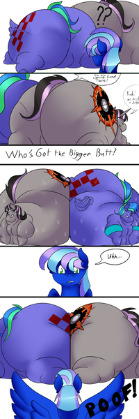 Size: 800x2400 | Tagged: questionable, artist:mad'n evil, derpibooru import, oc, oc:felicity stars, oc:lightning sky, oc:magna-save, pegasus, pony, unicorn, ass, belly, belly bed, big belly, butt, chubby cheeks, comic, competition, dialogue, duo, eating contest, fat, female, huge belly, huge butt, immobile, impossibly large belly, impossibly large butt, impossibly large everything, large butt, magslicity, morbidly obese, obese, plot, plot pair, shipping, simple background, spread wings, squish, squishy, squishy cheeks, sweat, the ass was fat, thighs, thunder thighs, wide hips, wingboner, wings