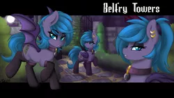 Size: 3840x2160 | Tagged: safe, artist:ciderpunk, derpibooru import, oc, oc:belfry towers, bat pony, firefly (insect), insect, pony, bat pony oc, bat wings, castle, choker, clothes, ear piercing, earring, garden, jewelry, looking at you, necklace, piercing, slit eyes, socks, wings