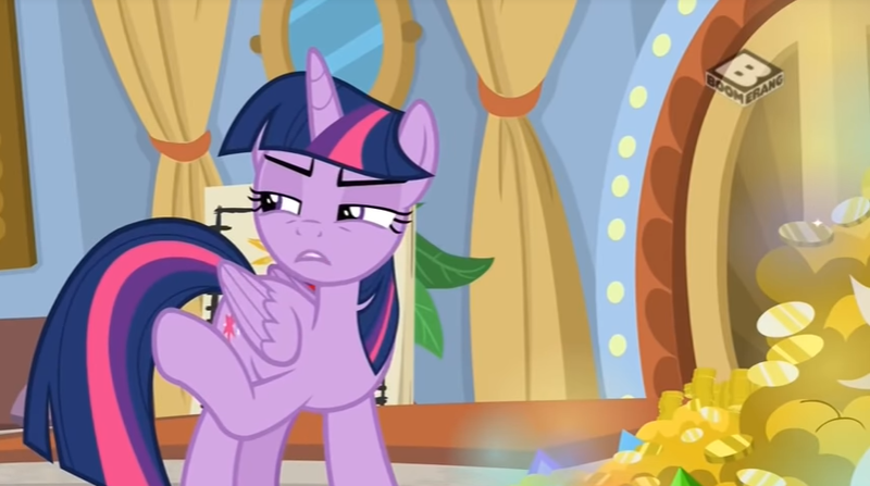 Size: 850x475 | Tagged: alicorn, bits, boomerang (tv channel), curtains, derpibooru import, friendship university, gold, pointing, safe, screencap, stare, twilight sparkle, twilight sparkle (alicorn), youtube link