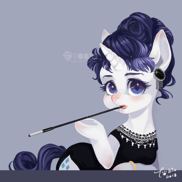 Size: 688x688 | Tagged: safe, artist:b-tobio, derpibooru import, rarity, pony, unicorn, alternate hairstyle, audrey hepburn, breakfast at tiffany's, cigarette holder, clothes, dress, ear piercing, earring, female, jewelry, lipstick, mare, obtrusive watermark, piercing, signature, solo, watermark