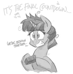 Size: 1280x1305 | Tagged: safe, artist:flutterthrash, derpibooru import, twilight sparkle, pony, atg 2018, clock, europe (band), female, final countdown (song), mare, monochrome, newbie artist training grounds, sketch, solo, song reference, twilight snapple