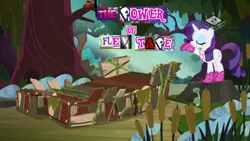 Size: 1024x576 | Tagged: safe, derpibooru import, edit, edited screencap, screencap, rarity, pony, unicorn, the end in friend, bandana, boat, boomerang (tv channel), boots, caption, clothes, expand dong, exploitable meme, eyes closed, female, flex tape, forest, glitter boots, grin, image macro, mare, meme, phil swift, pointing, raft, shoes, smiling, solo, swamp, text, the x files, wat, wow! glimmer