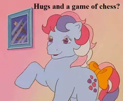 Size: 648x528 | Tagged: safe, derpibooru import, edit, edited screencap, screencap, sweet stuff, earth pony, pony, twinkle eyed pony, my little pony 'n friends, sweet stuff and the treasure hunt, bow, bronybait, chess, cropped, cute, female, g1, hug request, mare, paradise estate, picture, raised hoof, sweet sweet stuff, tail bow, text