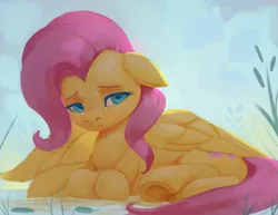 Size: 1111x859 | Tagged: safe, artist:rodrigues404, derpibooru import, fluttershy, pegasus, pony, crying, female, floppy ears, frog (hoof), looking at you, mare, prone, solo, underhoof, water