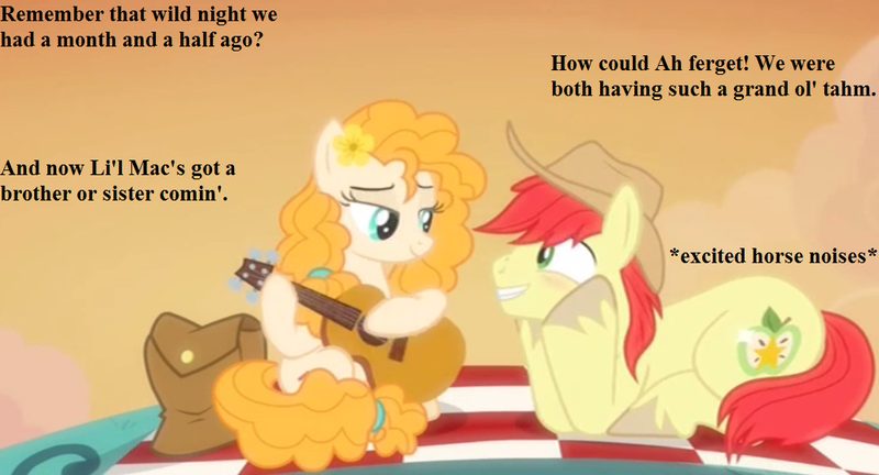 Size: 999x540 | Tagged: suggestive, derpibooru import, edit, edited screencap, screencap, bright mac, pear butter, the perfect pear, and that's how applejack was made, brightbutter, cowboy hat, cropped, descriptive noise, female, good clean married sex, guitar, hat, horse noises, implied applejack, implied big macintosh, implied pregnancy, implied sex, male, musical instrument, picnic blanket, sex, shipping, straight, text