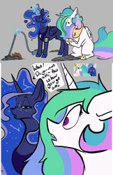 Size: 1280x1972 | Tagged: safe, artist:greyscaleart, derpibooru import, princess celestia, princess luna, alicorn, ant, insect, pony, ants, archer (show), atg 2018, avengers: infinity war, comic, constellation, constellation freckles, crossing the line twice, crossover, dark comedy, dialogue, dust, female, freckles, glowing horn, gray background, headphones, hoof shoes, horn, implied applejack, implied death, implied thanos, implied twilight sparkle, magic, mare, mp3 player, newbie artist training grounds, royal sisters, simple background, speech bubble, telekinesis, vacuum cleaner, we are going to hell