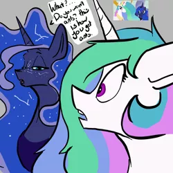 Size: 1260x1261 | Tagged: safe, artist:greyscaleart, derpibooru import, princess celestia, princess luna, alicorn, ant, insect, pony, ants, archer (show), atg 2018, avengers: infinity war, constellation, constellation freckles, crossover, dialogue, female, freckles, gray background, implied thanos, mare, mp3 player, newbie artist training grounds, royal sisters, simple background, speech bubble