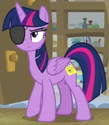 Size: 660x760 | Tagged: alicorn, derpibooru import, disguise, eyepatch, eyepatch (disguise), friendship university, paper-thin disguise, safe, screencap, solo, twilight sparkle, twilight sparkle (alicorn)