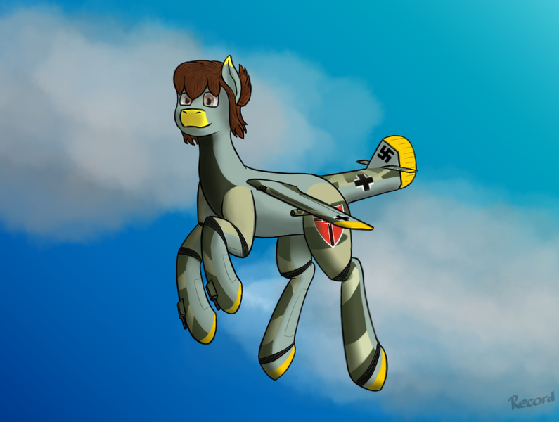 Size: 900x679 | Tagged: safe, artist:recordmelodie, derpibooru import, oc, oc:jägerin, unofficial characters only, original species, plane pony, pony, cloud, flying, nazi, plane, swastika