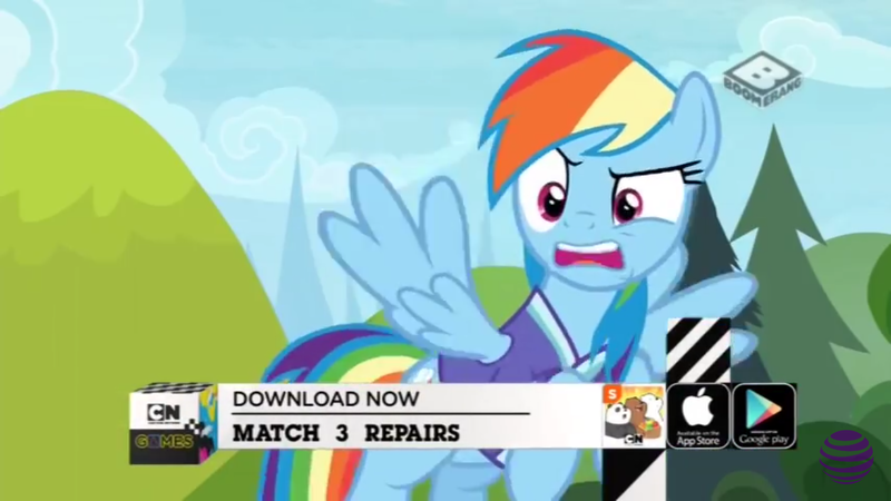 Size: 1280x720 | Tagged: safe, derpibooru import, screencap, rainbow dash, bear, panda, pegasus, pony, the end in friend, app, app icon, at&t, boomerang (tv channel), cartoon network logo, clothes, female, google play, grizz, ice bear, jersey, mare, we bare bears